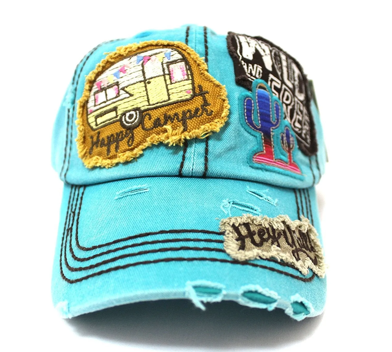 Turquoise "Y'ALL, HAPPY CAMPER, WILD FREE" Multi-Patch Embroidered Adjustable Cap