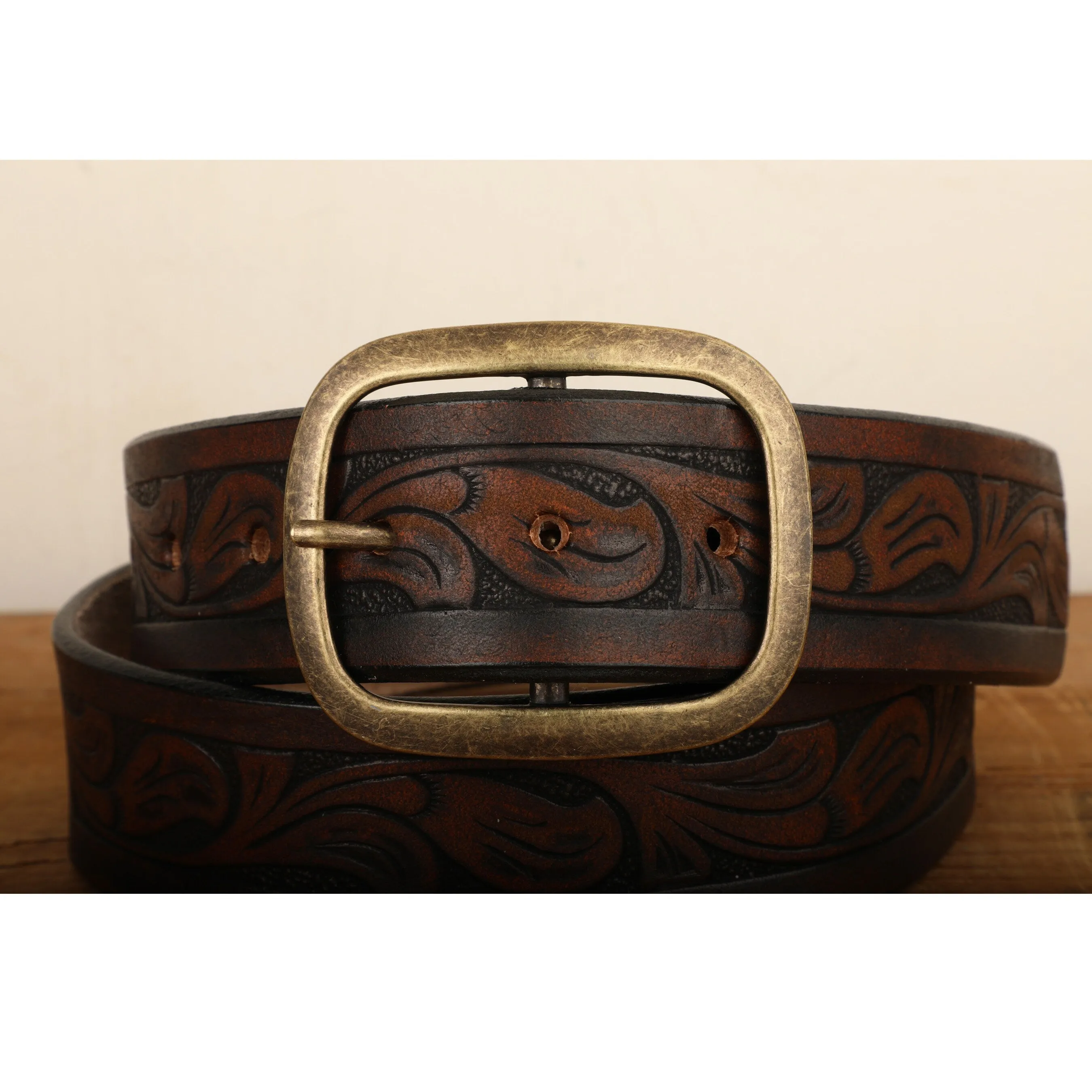 Western Embossed Leather Belt with Antique Brass  or Antique Silver Buckle