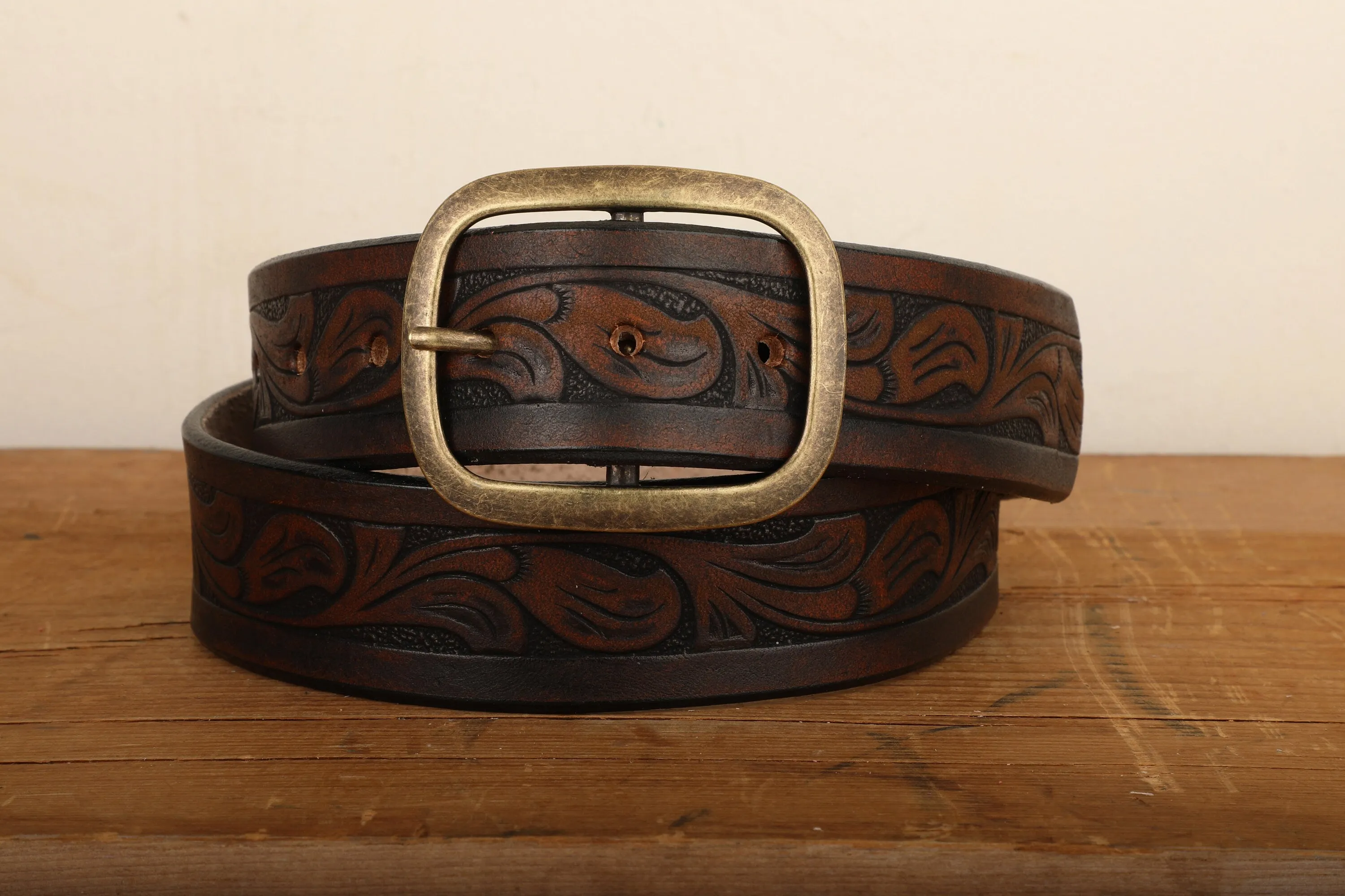 Western Embossed Leather Belt with Antique Brass  or Antique Silver Buckle