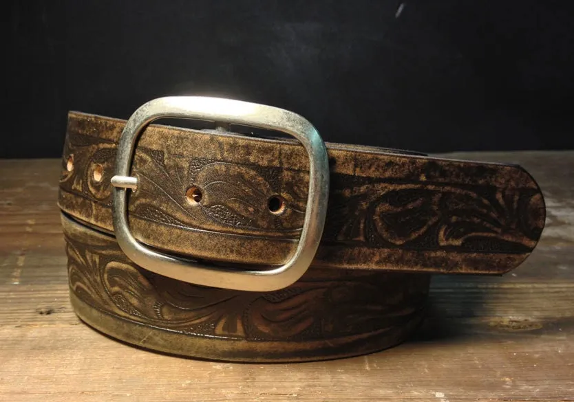 Western Embossed Leather Belt with Antique Brass  or Antique Silver Buckle