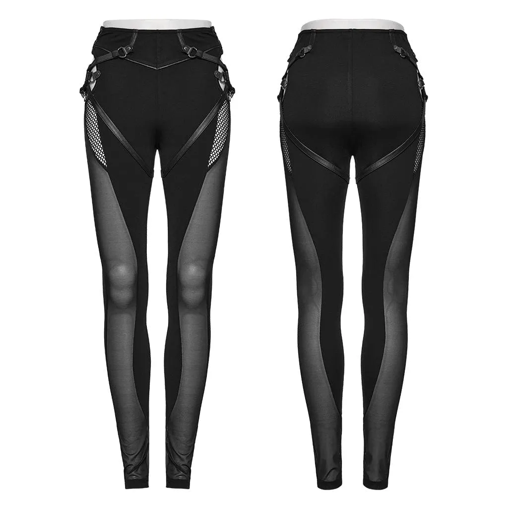 Women's Punk Mesh Cutout Lace-Up Leggings