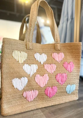 WOVEN MULTICOLOR HEART BEACH BAG